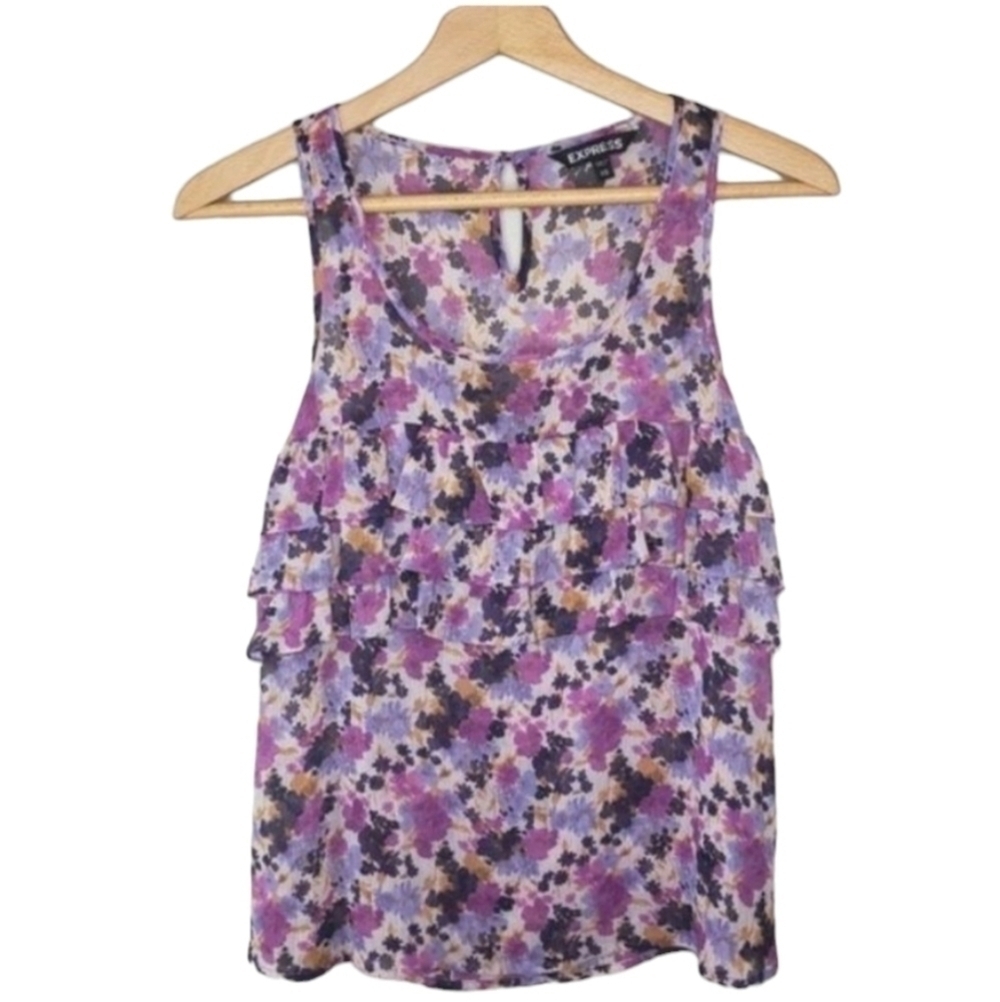 Express Purple Floral Ruffle Front Tank Blouse Size XS